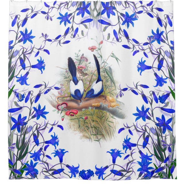 Blaue Fee-Zaunkönig Vogel-Tier-Tiere mit Blumen Duschvorhang (Vorderseite)