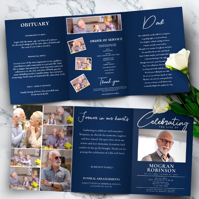 Blaue Feier zur Beerdigung des Fotos des Lebens Dreifach-gefaltete Programmkarte (Navy Blue Celebration of Life Photo Funeral Tri-Fold Programme)