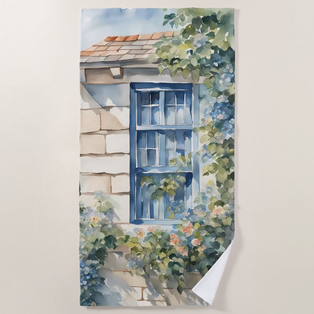 Blaue Fenstersteinmauer Cottage Reben Strandtuch (Vorderseite)