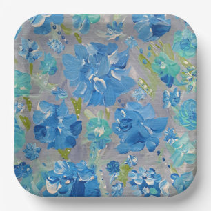 Blaue Festliche Blumen, 9" Quadratischer Papier-Te Pappteller