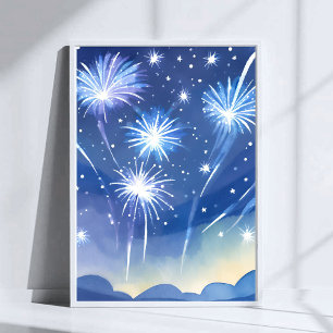 Blaue Feuerwerke   Feuerwerk-Feier Wasserfarbe Poster