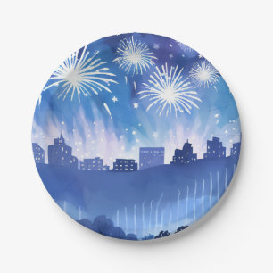 Blaue Feuerwerksanzeige   Feuerwerk Wasserfarbe Pappteller