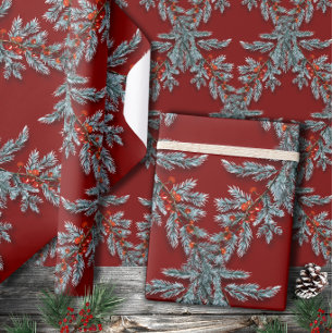 Blaue Fichte Rote Beeren Gitter Dunkelrot Geschenkpapier
