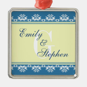 Blaue Filigran-Rand-Hochzeitspaar erste Silbernes Ornament