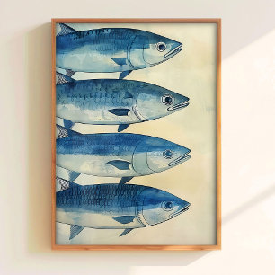 Blaue Fischdruck Sardinen Kunst Druck Küchenwand A Poster