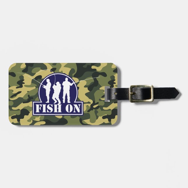 Blaue "Fische auf" Fischenlogo auf grüner Tarnung, Gepäckanhänger (Vorderseite horizontal)