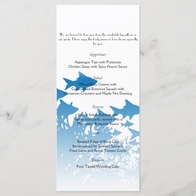 Blaue Fische und Korallenhochzeiten Menükarte (Vorderseite)