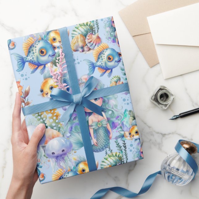 Blaue Fische und Meerjungfische Geschenkpapier (Schenken)