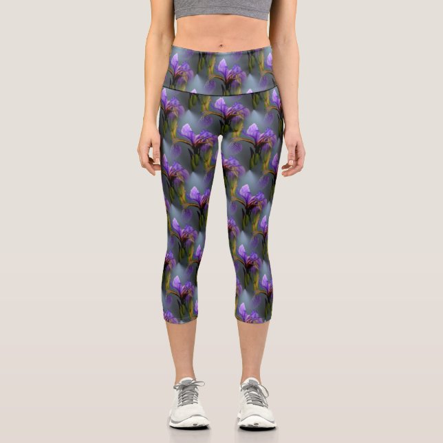 Blaue Flagge Iris Blume Art Muster Capri Leggings (Vorderseite)