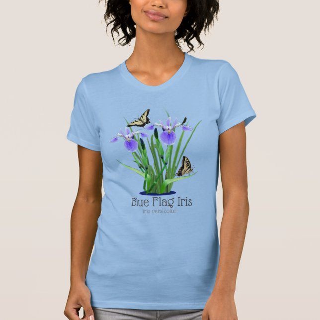 Blaue Flagge Iris und Frack-Schmetterlinge T-Shirt (Vorderseite)