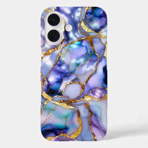 Blaue Flieder-Marmor-Handyhülle Gold Luxus iPhone 16 Hülle
