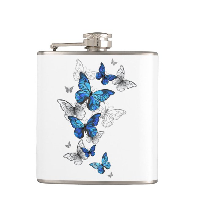 Blaue fliegende Schmetterlinge Morpho Flachmann (Vorderseite)