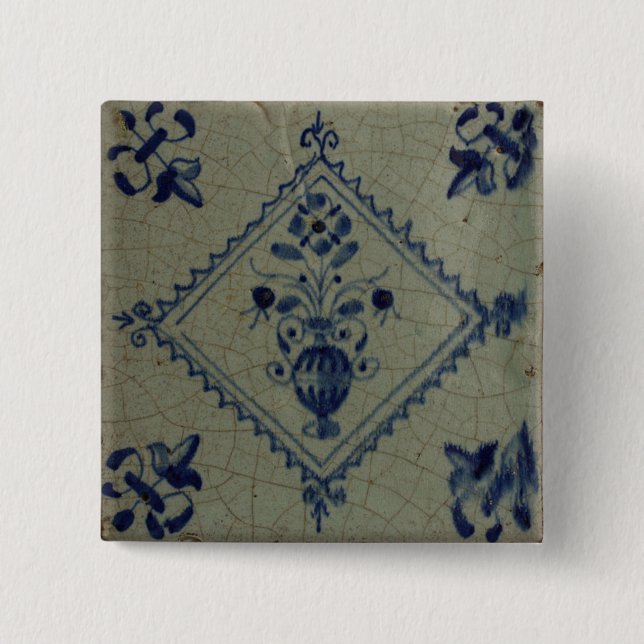 Blaue Fliese Delfts - Vase mit Blumen und Button (Vorderseite)