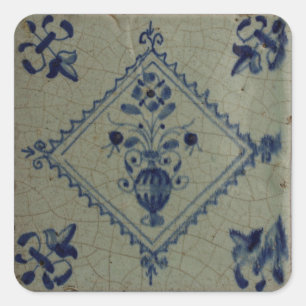 Blaue Fliese Delfts - Vase mit Blumen und Quadratischer Aufkleber