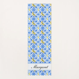 Blaue Fliese Gelbe Zitrone Aquarell-Monogramm-Name Yogamatte
