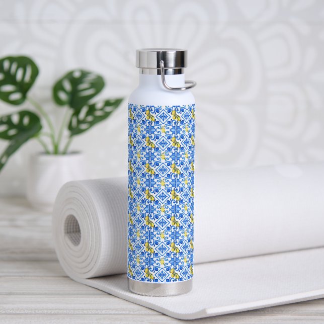 Blaue Fliese Gelbe Zitrone Trinkflasche (Yoga (gedreht))