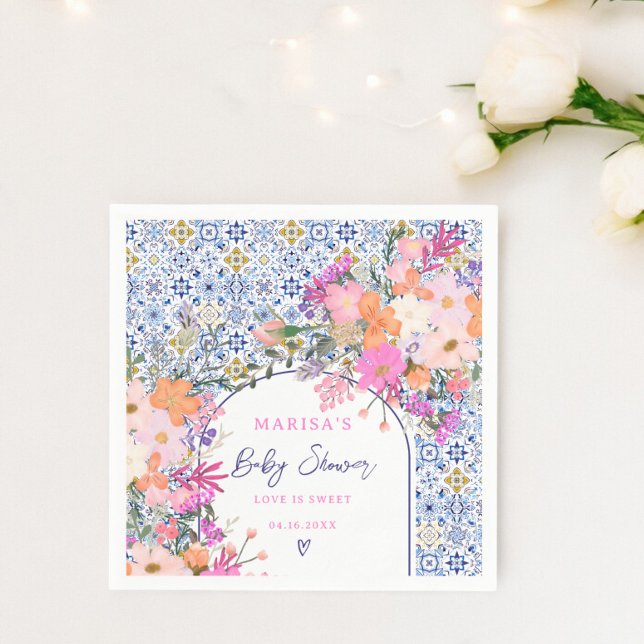 Blaue Fliesen Aquarell Wildblumen Babydusche Serviette (Blue tiles watercolor wildflowers baby shower napkins)