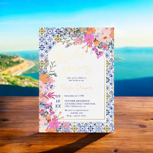 Blaue Fliesen Aquarellfarben Brautparty Folieneinladung