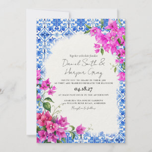 Blaue Fliesen Bougainvillea Elegante Hochzeit Einladung