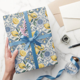 Blaue Fliesen Französisch Land Wasserfarbe Zitrone Geschenkpapier