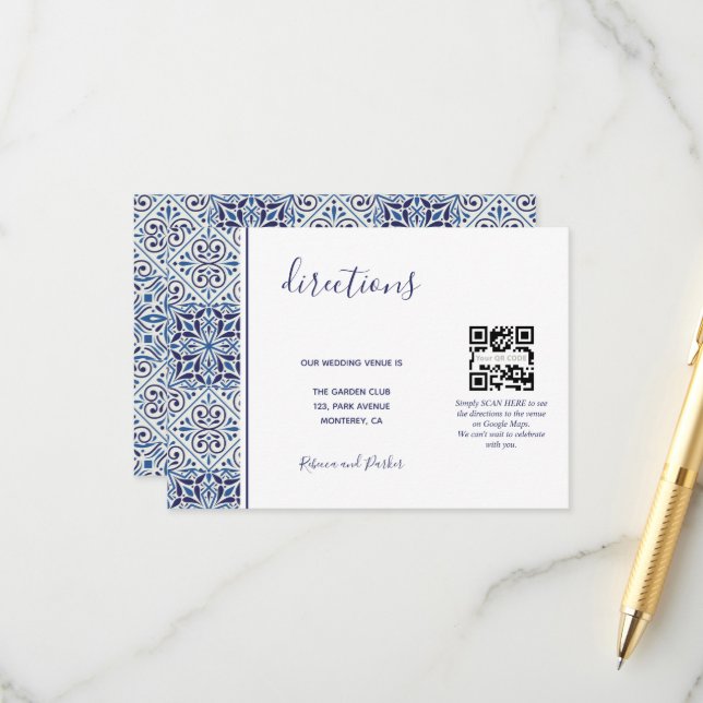 Blaue Fliesen Hochzeit Anweisungen QR Code Beilage Begleitkarte (Vorderseite/Rückseite Beispiel)