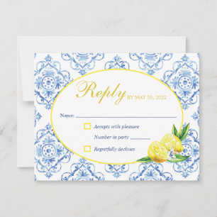 Blaue Fliesen Italienische Florale Zitronen-Antwor RSVP Karte