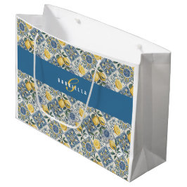 Blaue Fliesen-Limonade-Watercolor-Monogramm-Name g Große Geschenktüte