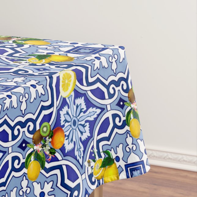 Blaue Fliesen, mediterrane Fliesen, Majolika  Tischdecke (Beispiel)