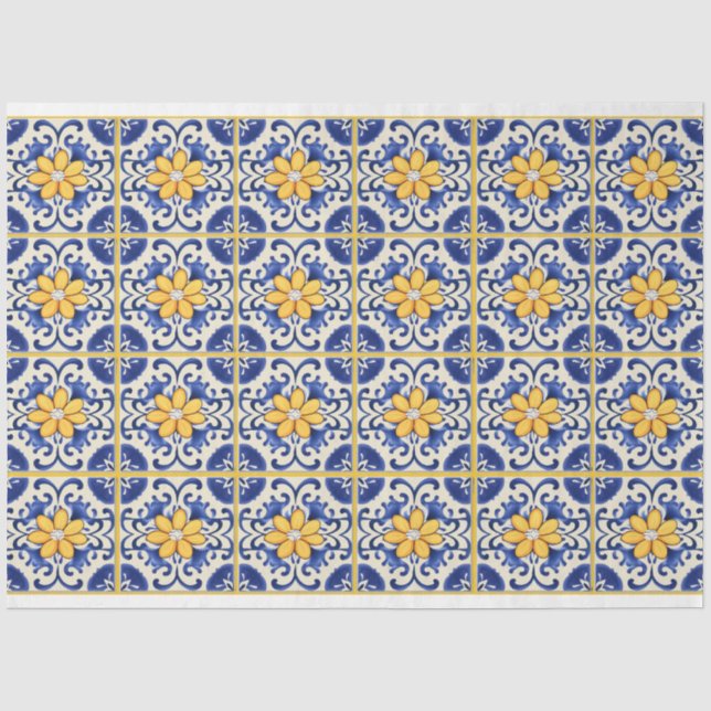 Blaue Fliesen mit gelben Blumen und Pflanzen Seidenpapier (Vorderseite)