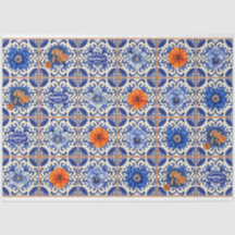 Blaue Fliesen mit orangefarbenen Blume