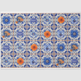 Blaue Fliesen mit orangefarbenen Blume Seidenpapier