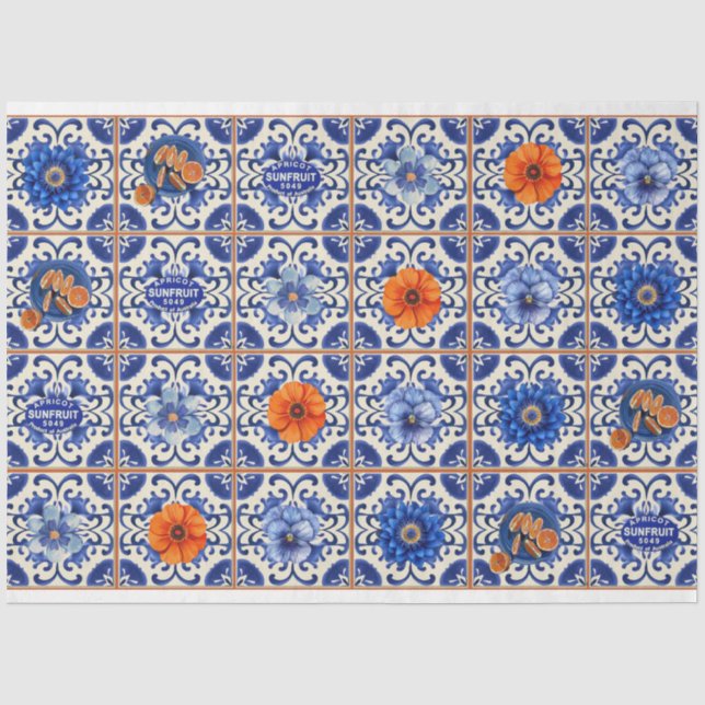Blaue Fliesen mit orangefarbenen Blume Seidenpapier (Vorderseite)