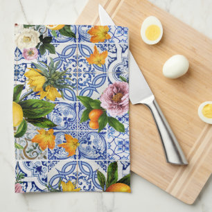 Blaue Fliesen Mittelmeer Blumenmuster Geschirrtuch