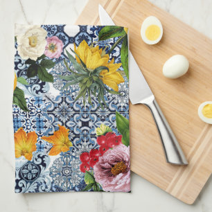 Blaue Fliesen Mittelmeer Blumenmuster Geschirrtuch