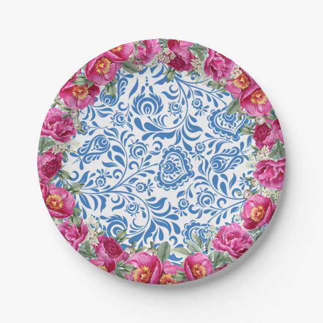 Blaue Fliesen Rosa Blume Mediterranes Party Pappteller (Vorderseite)