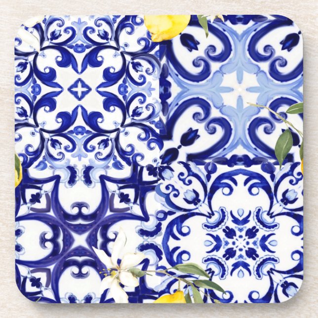 Blaue Fliesen, sizilianisch, majolica, Mosaikkunst Getränkeuntersetzer (Vorderseite)