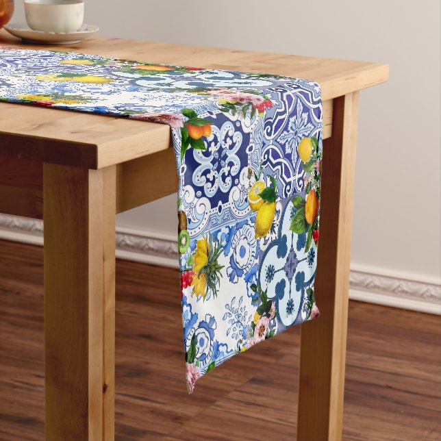 Blaue Fliesen, sizilianisch, majolica, Mosaikkunst Kurzer Tischläufer (Beispiel)