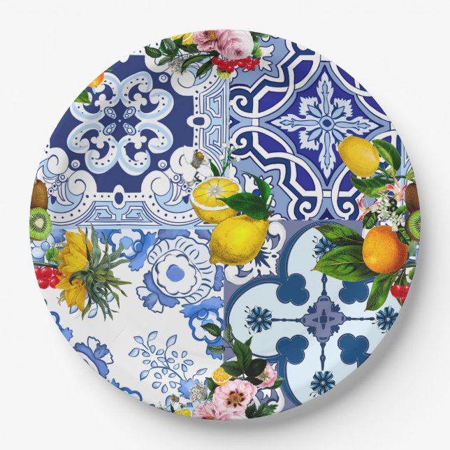 Blaue Fliesen, sizilianisch, majolica, Mosaikkunst Pappteller (Vorderseite)