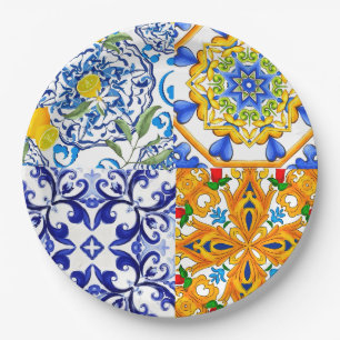 Blaue Fliesen, sizilianisch, majolica, Mosaikkunst Pappteller