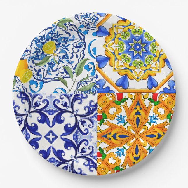 Blaue Fliesen, sizilianisch, majolica, Mosaikkunst Pappteller (Vorderseite)