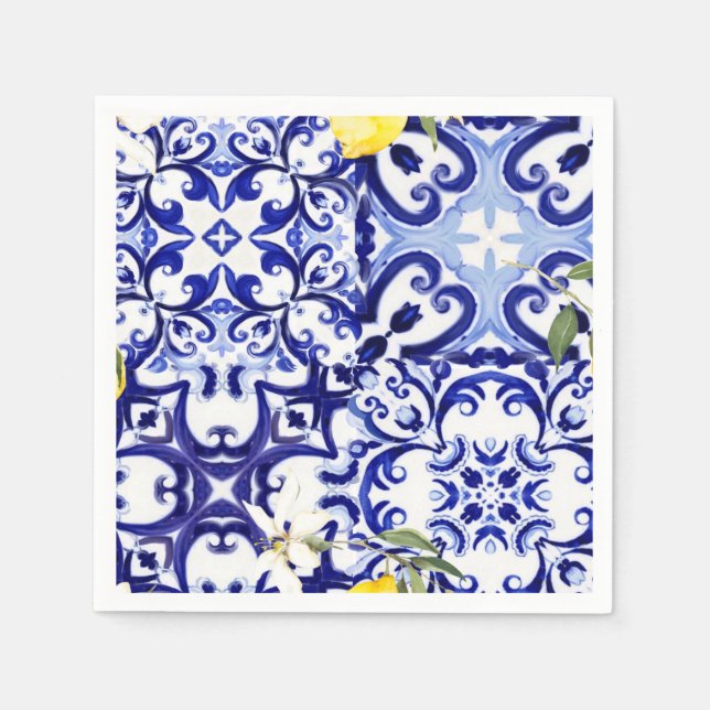 Blaue Fliesen, sizilianisch, majolica, Mosaikkunst Serviette (Vorderseite)
