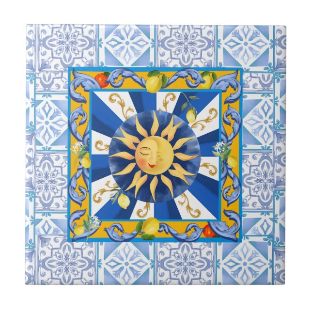 Blaue Fliesen, sizilianische Sonne, Mosaik, Majoli Fliese (Vorderseite)