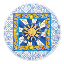 Blaue Fliesen, sizilianische Sonne, Mosaik, Majoli Keramikknauf