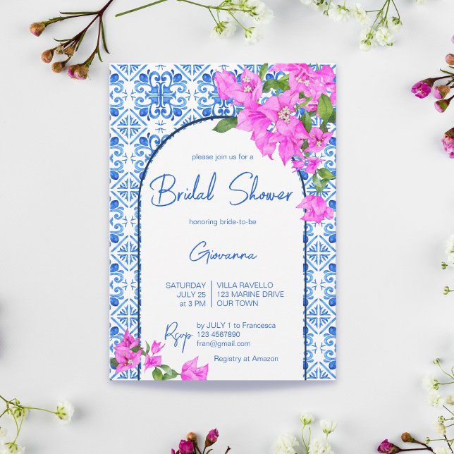Blaue Fliesen und Bougainvillea, elegant mediterra Einladung (Von Creator hochgeladen)