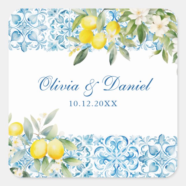 Blaue Fliesen und Lemon Wedding Quadratischer Aufkleber (Vorderseite)