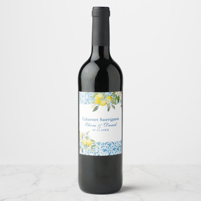 Blaue Fliesen und Lemon Wedding Weinetikett (Vorderseite)