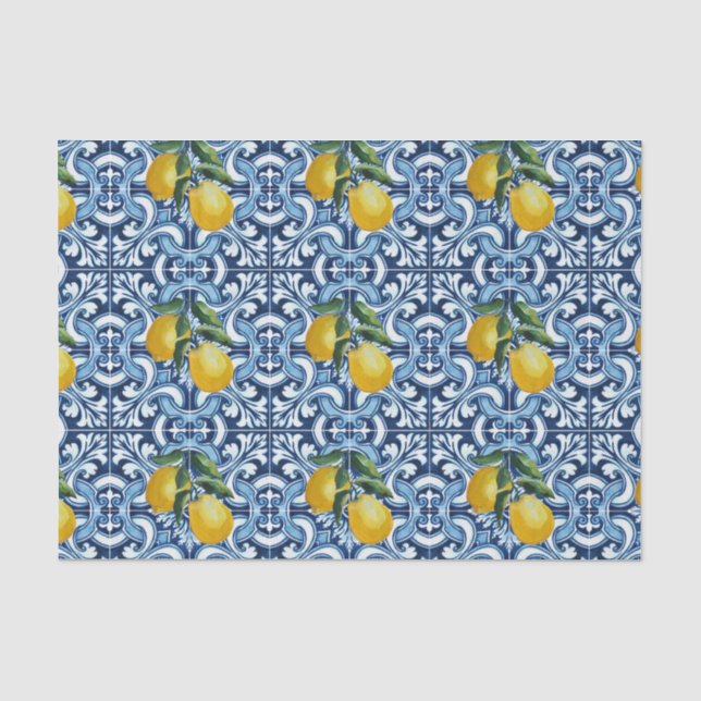 Blaue Fliesen und Zitronen Amalfi Positano themati Seidenpapier (Vorderseite)