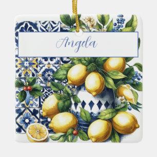Blaue Fliesen und Zitronen   Ihr Name Keramikornament