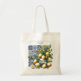 Blaue Fliesen und Zitronen | Ihr Name Tragetasche