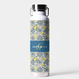 Blaue Fliesen-Zitrone-Aquarell-Monogramm-Name Trinkflasche